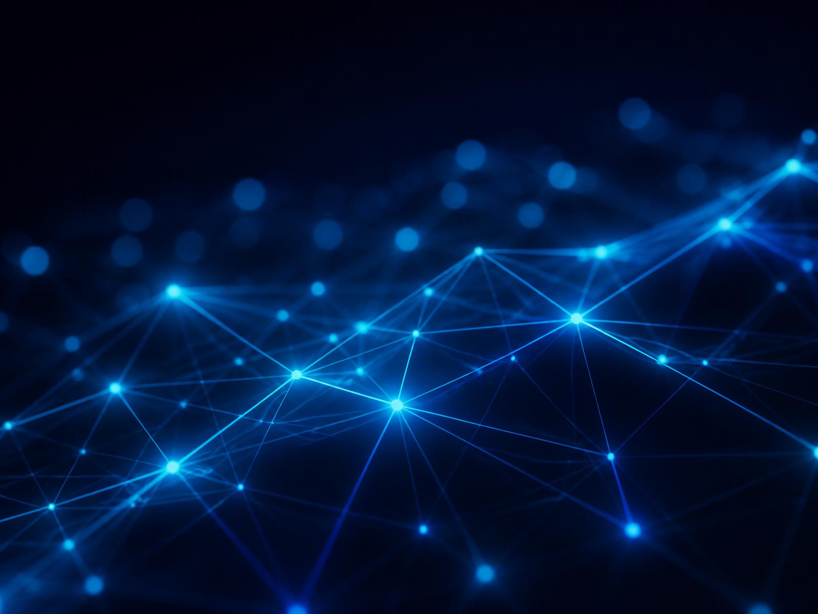 Abstract 3D visualization of a digital authority network with glowing blue nodes and connections